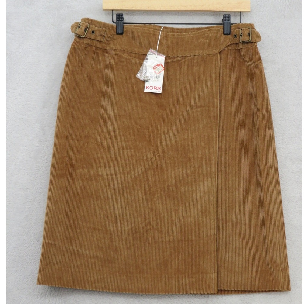 KORS Michael Kors Corduroy Wrap Skirt 14 NWT Made Italy Brown Cotton Buckle
